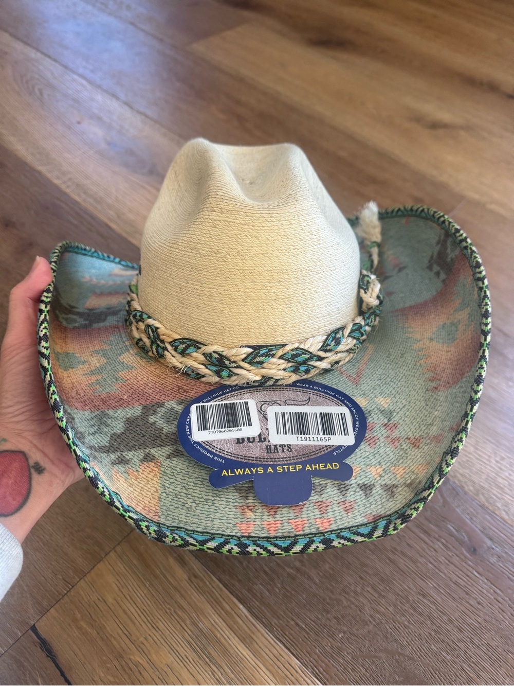 Southwestern Pattern Straw Cowboy Hat with Braided Trim - Picture 2 of 9
